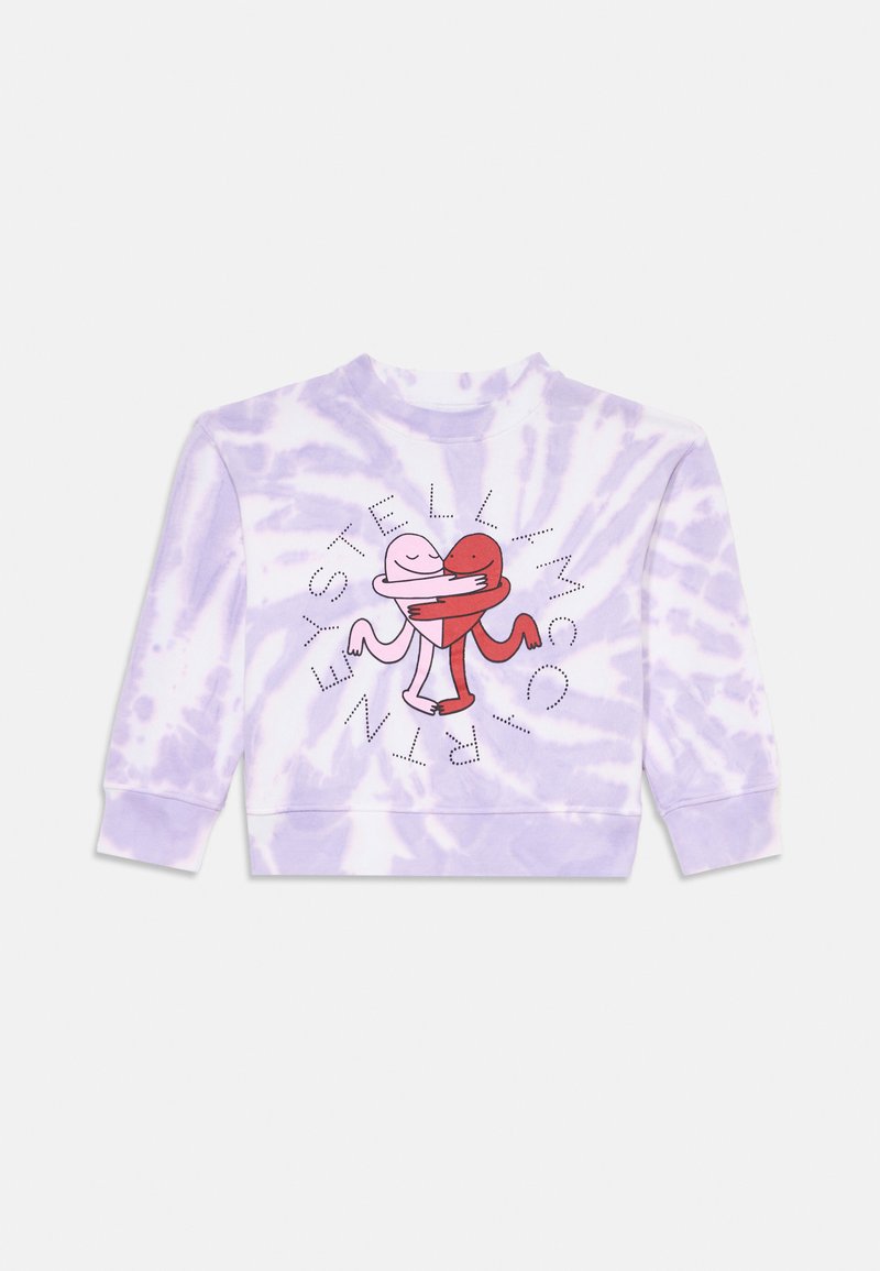 Lavendel tie-dye sweatshirt med rund hals, som har en grafisk bild av två tecknade figurer som kramar om varandra och texten "Stella McCartney" i svart.