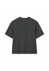 Kurzärmliges T-Shirt mit Rundhalsausschnitt aus dunkelgrauem Baumwollgemisch, das über eine glatte Textur und einen geraden Saum verfügt, mit Details an der Schulternaht.