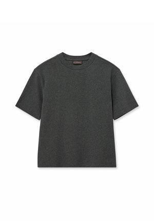 Kurzärmliges T-Shirt mit Rundhalsausschnitt aus dunkelgrauem Baumwollgemisch, das über eine glatte Textur und einen geraden Saum verfügt, mit Details an der Schulternaht.
