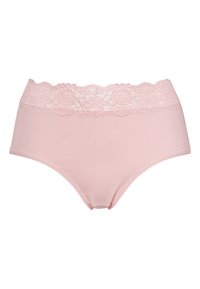 Helle rosa, hochgeschnittene Unterwäsche mit floraler Spitzenkante am Bund. Hergestellt aus weichem Stoff, mit glatter Textur und nahtlosem Design.
