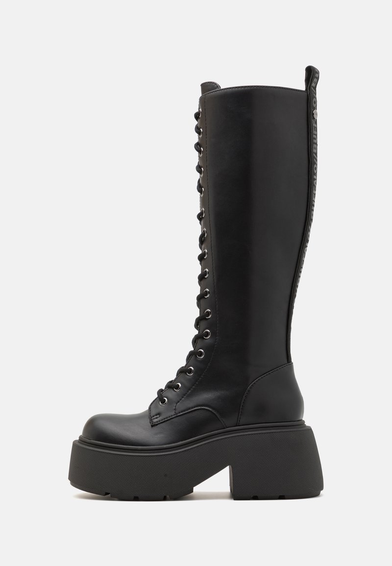 Bottes Cuissardes Femme Style Rétro à Lacets Et Fermeture Éclair Noir