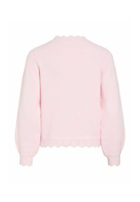 Pull rose clair à manches longues avec bords en forme de vague aux poignets, à l'ourlet et au col, vu de dos sur fond blanc.