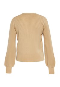 Beige bordázott pulóver hosszú, enyhén puffos ujjal és kerek nyakkal, sima textúrával és formás fazonnal.