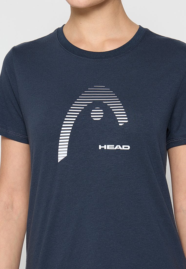 T-shirt en coton bleu marine foncé avec un design de logo rayé blanc et le texte "HEAD" en travers du devant. Manches courtes et col rond.