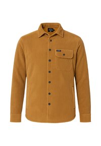Bruine corduroy shirt met verticale ribbeltextuur, zwarte knopen aan de voorkant, een enkele borstepocket en een casual kraagontwerp.