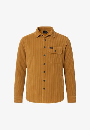 Bruine corduroy shirt met verticale ribbeltextuur, zwarte knopen aan de voorkant, een enkele borstepocket en een casual kraagontwerp.