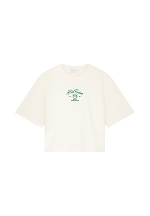 Wit cropped T-shirt met korte mouwen, met groene tekst "Hotel Chapot 1981 Room Service" en een vintage telefoonafbeelding gecentreerd op de borst.