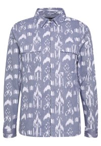 Long-sleeve shirt with collar and zipper front, featuring two chest flap pockets and a blue and white abstract pattern.