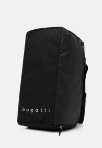 Black fabric backpack with a rectangular shape, featuring a smooth texture, white "bugatti" logo, and adjustable straps.