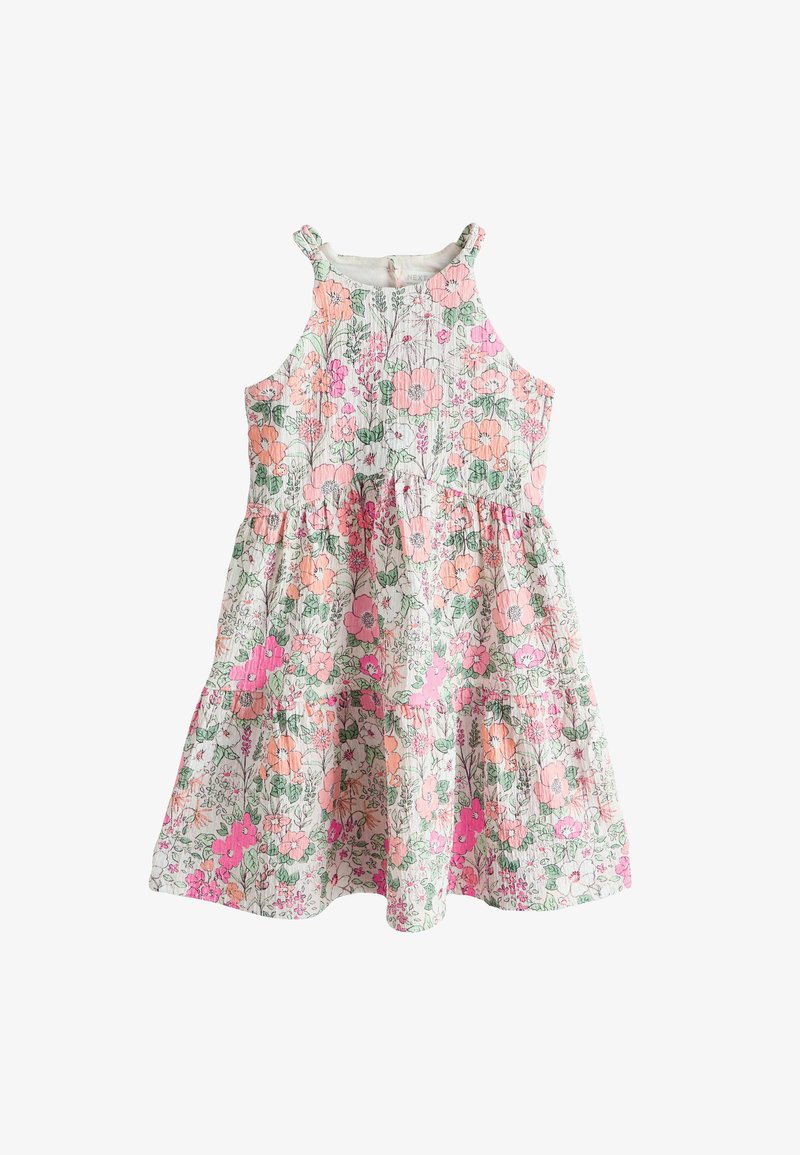 Robe sans manches pour tout-petit avec un motif floral rose, pêche et vert sur fond blanc, dotée d'une taille froncée et d'une jupe à volants.