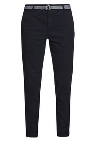 Námořnické modré kalhoty vyrobené z cotton blend látky, s přiléhavým střihem, poutky na opasek a pruhovaným opaskem s zlatou přezkou.