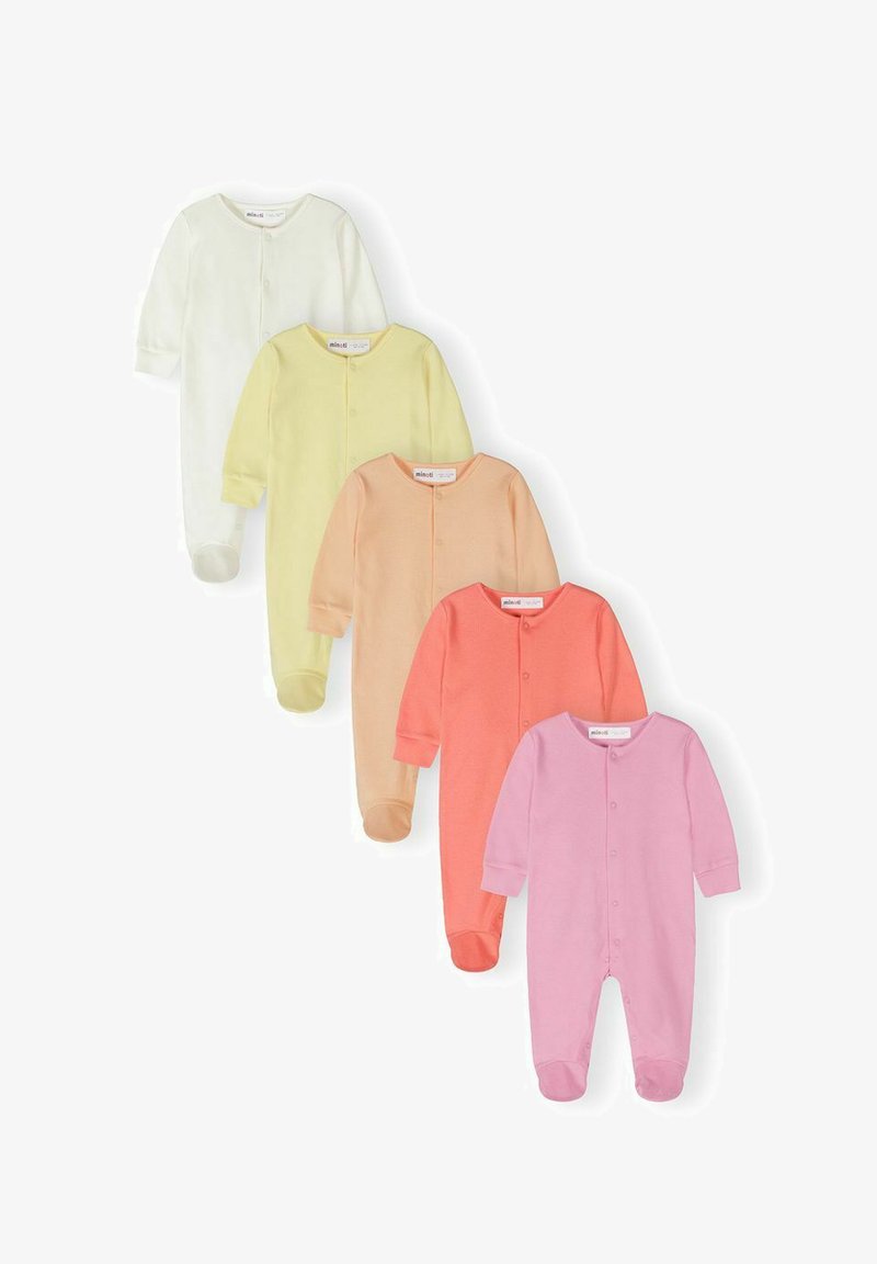 Pieci gar Piedurkņu, ar pēdiņām bērnu kombinezoni balti, dzelteni, persiku, koraļļu un rozā krāsās, izvietoti pakāpienveida vertikālā rindā.