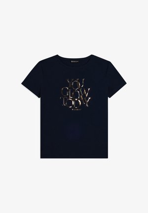 T-shirt blu navy in cotone con stampa metallica dorata "YOU GLOW TODAY" al centro. Girocollo classico e maniche corte.