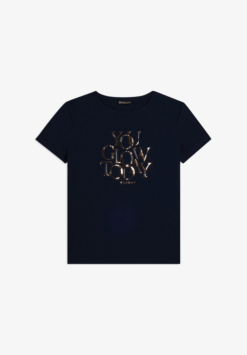 Camiseta de algodón azul marino con un estampado metálico dorado "YOU GLOW TODAY" en el centro. Cuello redondo clásico y mangas cortas.