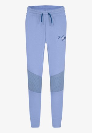 Hellblaue Jogginghose mit elastischem Bund, navyblauen Kordeln, Netz-Einsätzen an den Knien, gerippten Bündchen und dem Schriftzug "Flight" am oberen linken Oberschenkel.