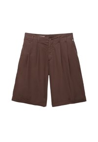 Brown shorts with a flat front, button closure, side pockets, and pleats. Made from a lightweight fabric with a smooth texture.