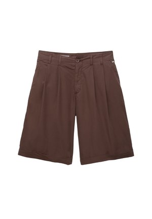 Braune Shorts mit flachem Bund, Knopfverschluss, Seitentaschen und Falten. Hergestellt aus einem leichten Stoff mit glatter Textur.