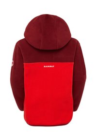 Bordeaux-rot Fleecejacke mit Kapuze, ausgestattet mit einem gestickten Logo und einem kontrastierenden color-block Design auf der Rückseite. Weiche Textur.