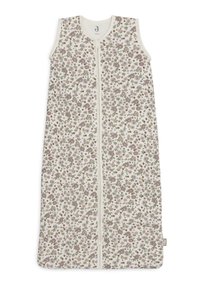 Mouwloze slaapzak van crème katoen met een bloemmotief in roze, groen en bruin. Voorzien van een centrale rits voor gemakkelijke toegang.