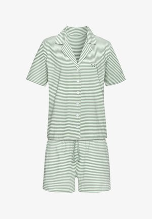 Gestreepte korte pyjama set in groen en wit, met een geklede shirt met knopen en shorts met elastische tailleband. Zachte stoftextuur.