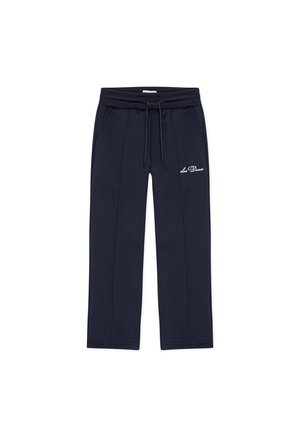 Pantaloni della tuta blu navy con vita regolabile con coulisse, due tasche laterali e logo ricamato bianco sul lato sinistro. Tessuto morbido e strutturato.