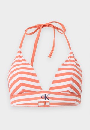 Haut de bikini triangle avec des rayures horizontales corail et blanches, lien noué autour du cou, et logo Calvin Klein sur la bande centrale avant.