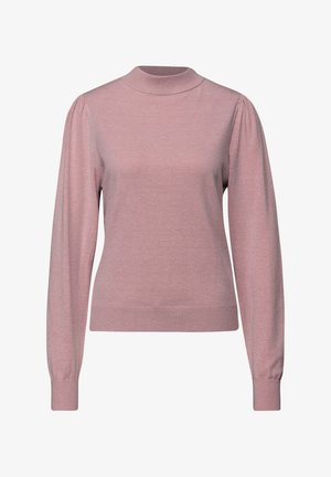 Rosa Pullover-Pullover mit hohem Kragen, langen Ärmeln und leicht gepolsterten Schultern. Hergestellt aus weichem, glattem Stoff mit tailliertem Schnitt.