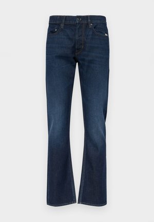 Donkerblauwe denim jeans met een recht model, voorzien van vijf zakken, broeklussen en contrasterende stikdetails.