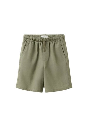 Shorts décontractés vert olive avec taille élastique, cordon à l'avant et poches latérales, adaptés pour un port décontracté.