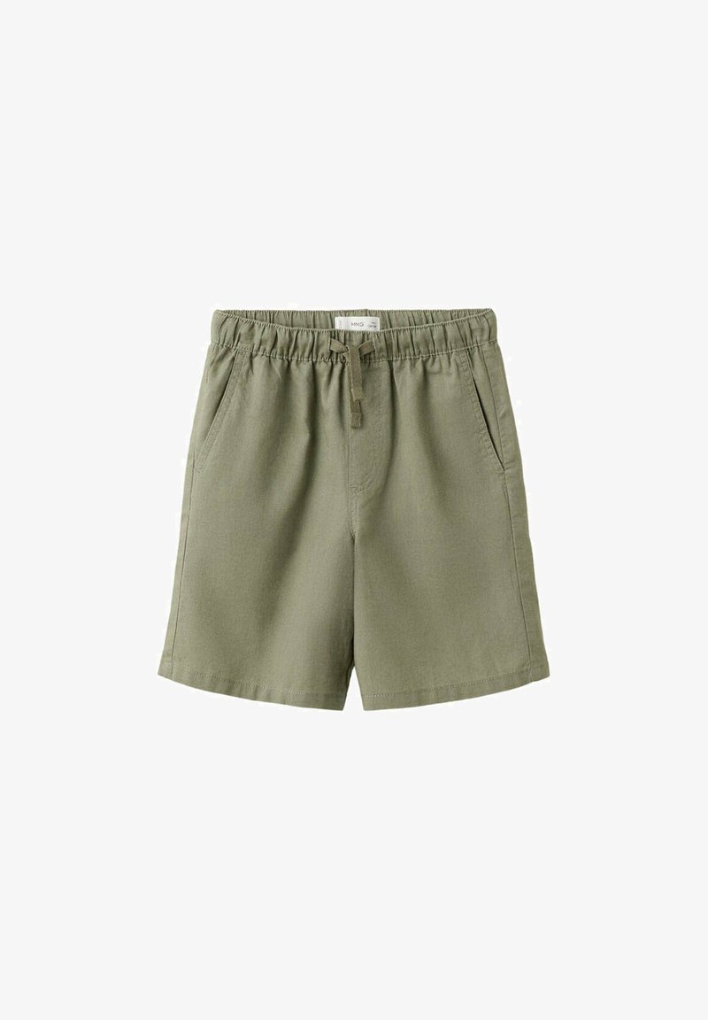 Shorts décontractés vert olive avec taille élastique, cordon à l'avant et poches latérales, adaptés pour un port décontracté.