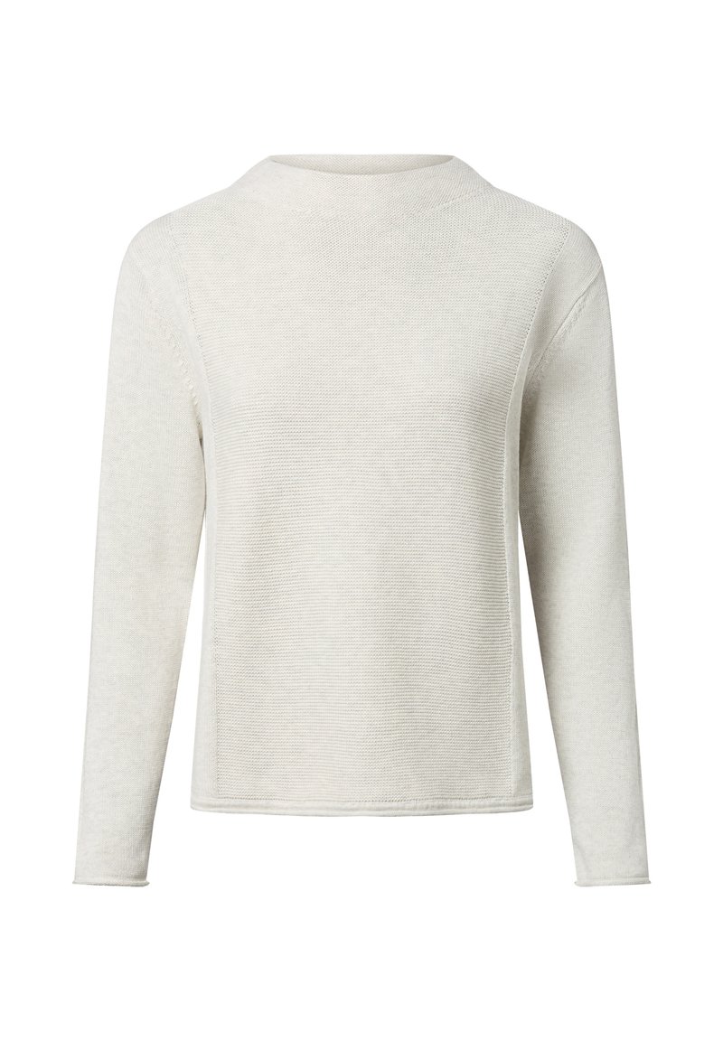 Helles graues langärmliges Sweatshirt mit strukturiertem Strick, runder Ausschnitt und seitlichen Schlitzen; lässige Passform mit glatter Oberfläche.