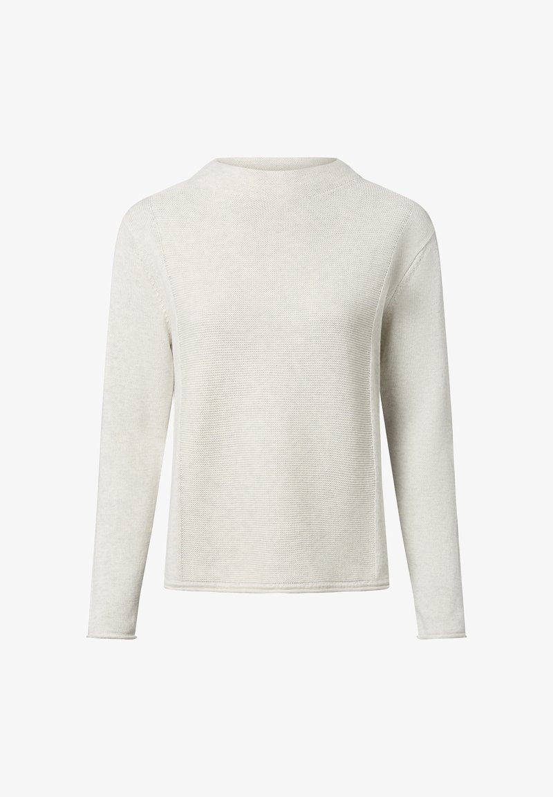 Helles graues langärmliges Sweatshirt mit strukturiertem Strick, runder Ausschnitt und seitlichen Schlitzen; lässige Passform mit glatter Oberfläche.