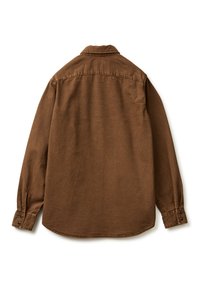 Brązowa koszula z długim rękawem, wykonana z miękkiej bawełny. Posiada klasyczny kołnierzyk, mankiety zapinane na guziki oraz zaokrąglony dół. Gładka tekstura i prosty design.