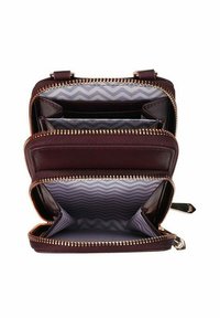 Burgundy leather wallet with gold zipper, featuring three compartments lined with gray chevron pattern. Compact rectangular design.