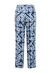 Kalhoty s modro-bílým vzorem a elastickým pasem, které mají design tie-dye a zlaté akcenty, rovný střih nohavic a měkkou texturu látky.