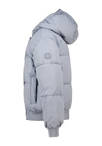 Hellgraue gepolsterte Winterjacke mit Kapuze, elastischen Bündchen, Seitentaschen und einem runden Logopatch auf dem oberen Ärmel.