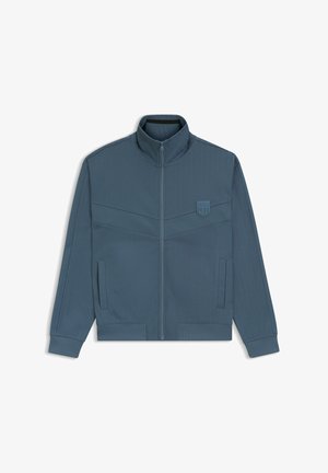 Blue zip-up jacket with a high collar, ribbed texture, and horizontal stripe design. Features side pockets and an embossed logo on the chest.