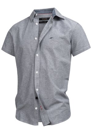 Korte mouwen, knoopshirt van lichtgrijze katoenstof. Heeft een kraag, witte knopen en een klein logo op de borst.