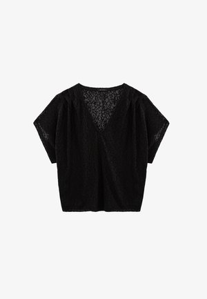 Haut noir à col en V avec des manches courtes, fabriqué en tissu transparent présentant un discret motif animal. Coupe ample avec des accents plissés aux épaules.