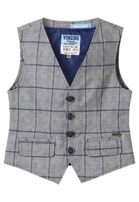 Chaleco de cuadros gris con escote en V, cuatro botones negros, dos bolsillos frontales y un forro azul. Presenta una etiqueta de la marca Vingino.