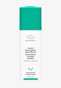 Weiße zylindrische Flasche mit einem türkisfarbenen Deckel, beschriftet mit "Protini Powerpeptide Resurf Serum", mit schwarzem Text und kleinen türkisfarbenen Punkten.