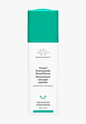 White cylindrical bottle with a teal cap, labeled "Protini Powerpeptide Resurf Serum," featuring black text and small teal dots.