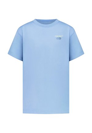 Lichtblauw T-shirt met korte mouwen, met kleine "Palm Beach" tekst en logo op de linkerborst, effen ontwerp, ronde hals.