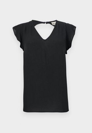 Haut noir à manches courtes avec un décolleté en V et un dos en trou de serrure. Fabriqué en tissu léger avec une texture lisse et sans motifs visibles.
