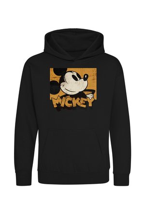 Sort hættetrøje med et vintage-agtigt billede af Mickey Mouses ansigt og ordet "Mickey" i fed, slidt gul tekst på forsiden.