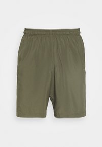 Olivgröna shorts i lätt tyg med elastisk midja och sidofickor, med en slät yta och enkel design.
