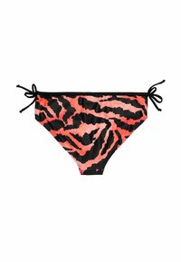 Bikiniunderdel med ett svart och korallfärgat tigerstripe-mönster, med justerbara snörningar på varje sida och en slät, elastisk textur.