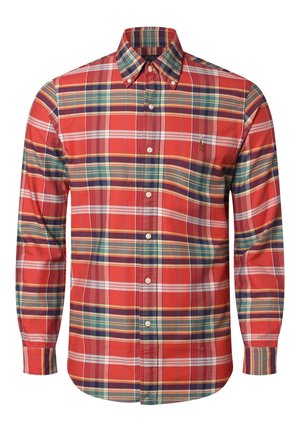 Herren-Langarmhemd mit Knopfleiste, kariert in Rot, Grün, Gelb und Weiß, mit Knopfkragen.