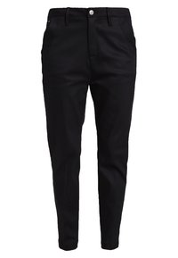 Černé kalhoty slim fit vyrobené z hladké látky, s knofl�íkovým zapínáním, předními kapsami a minimalistickým designem.