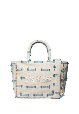 Sac fourre-tout en tissu beige avec motifs bleus cousus, bordure de perles colorées et "Marc Ellis" brodé sur le devant, avec deux poignées et une bandoulière.